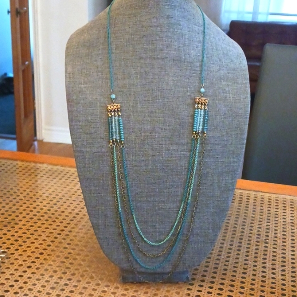 Bohemian Chain Necklace w/ Turquoise and Aqua Colored Beads - Pre-loved (36")